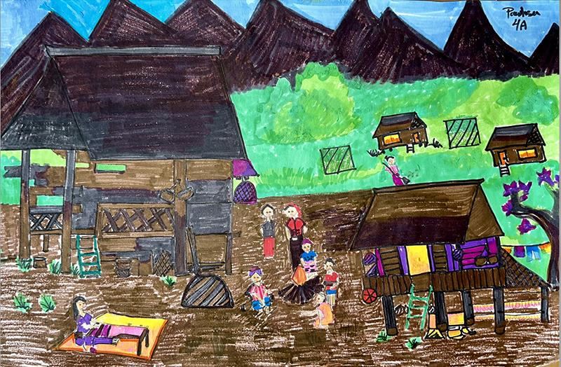 Drawing of Karen people living in a camp in Thailand done in color marker